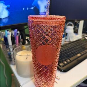 Starbucks Coral Pink Tumbler with Straw - cracked